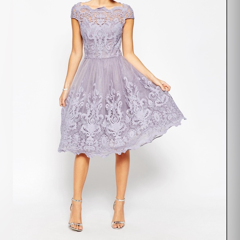 CHI CHI LONDON Premuim Lace Midi Prom Dress with Bardot Neck NWT